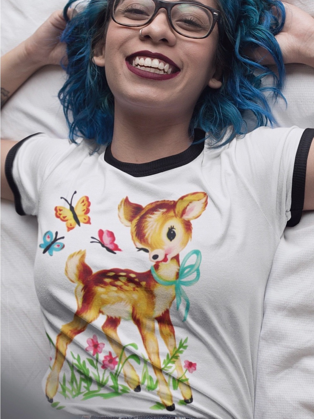 Retro ringer tee. Deer with butterfly unisex cotton t-shirt. Vintage kitsch.